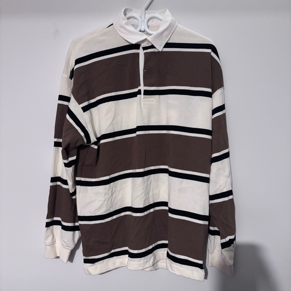 Brown & White Striped Rugby Shirt Long Sleeve Polo Vintage-Inspired Casual Top